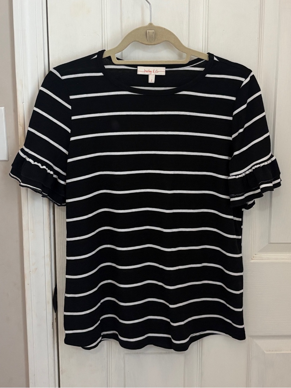 Hailey & Co Black and White Ruffle Sleeve Striped Tee
